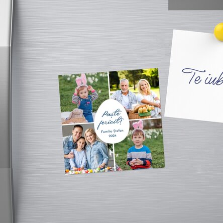 Magnet 10x10 personalizat cu 4 poze și mesaj - Paște fericit