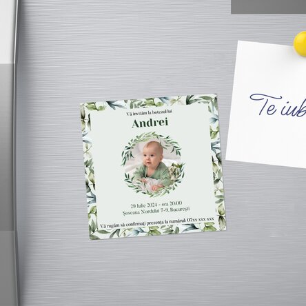 Magnet 10x10 personalizat cu o poză și text - Invitație Botez