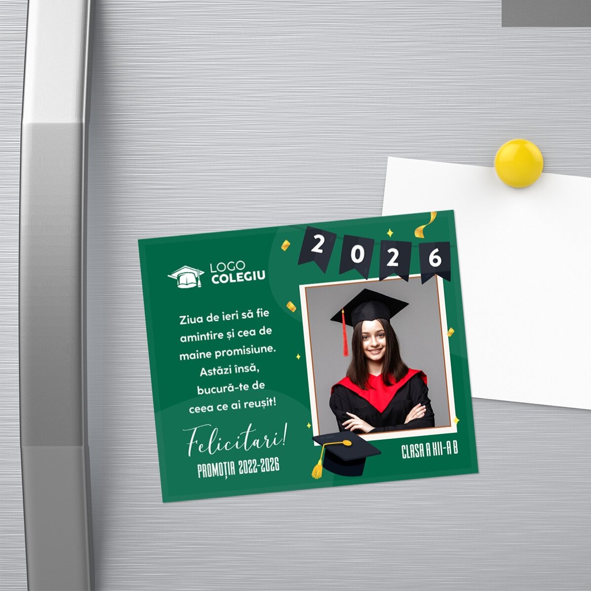 Magnet 12x10 cm personalizat cu logo, o poză și text - Felicitări pentru absolvire!