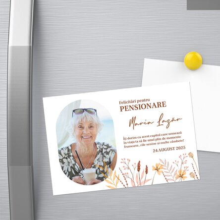 Magnet 15x10 cm personalizat cu o poză și text - Pensionare