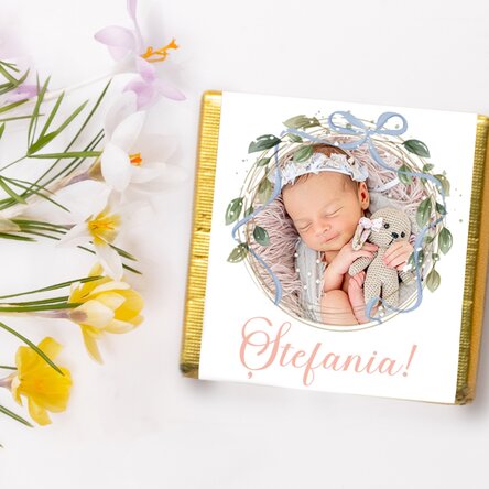 Mini ciocolată mărturie de botez personalizată cu nume și poză