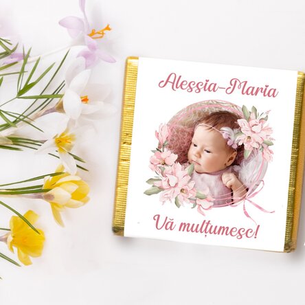 Mini ciocolată mărturie de botez personalizată cu poză și text - Pink