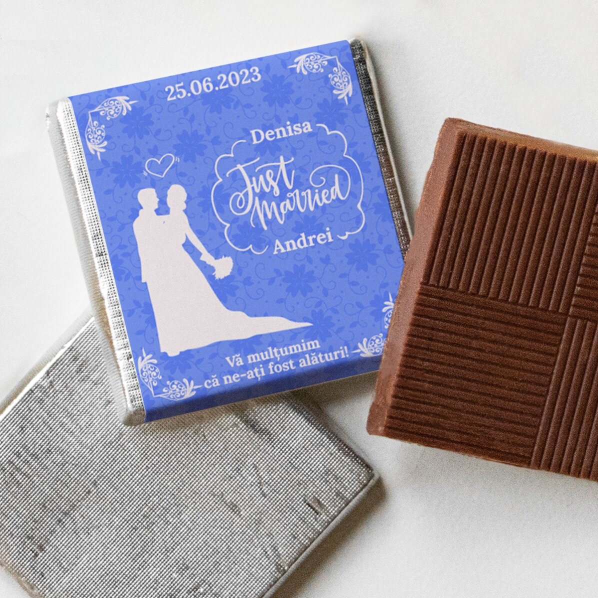 Mini ciocolată mărturie personalizată cu nume și mesaj - Just married
