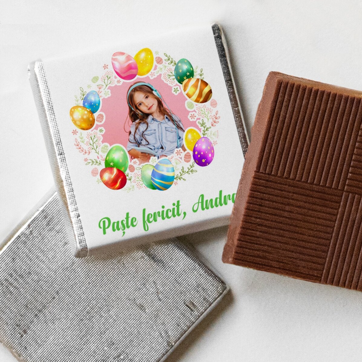 Mini ciocolată personalizată cu o poză și text - Paște fericit