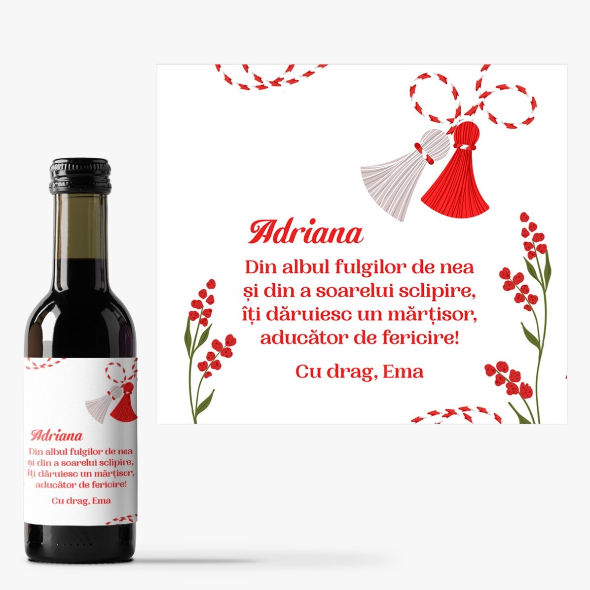 Mini sticluță de vin personalizată cu mesaj de Mărțișor