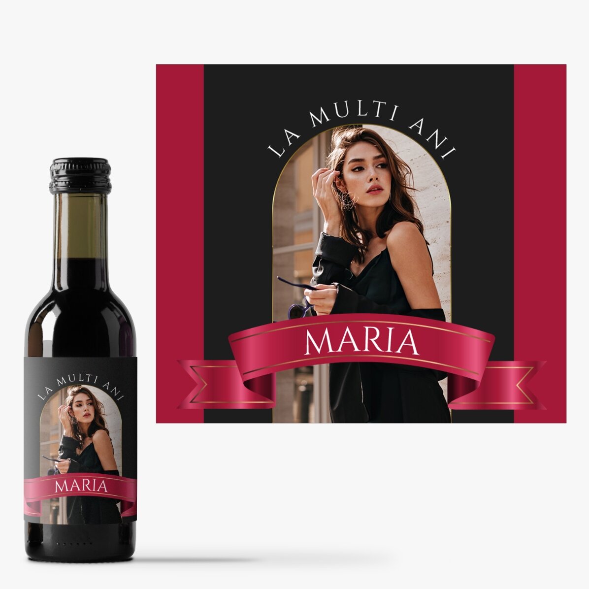 Mini sticluță de vin personalizată cu o poză și text - Panglică