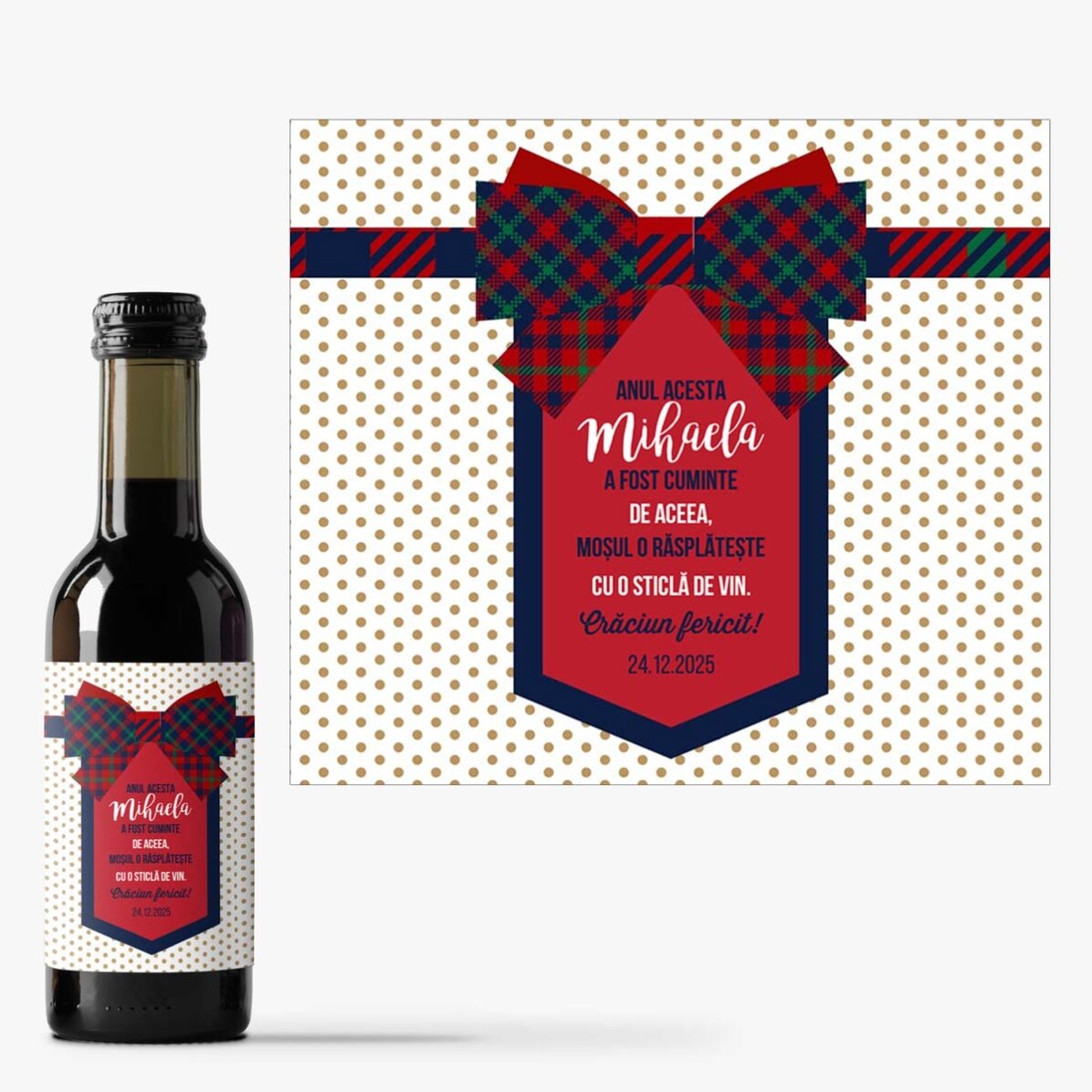 Mini sticluță de vin personalizată cu text - Fundiță