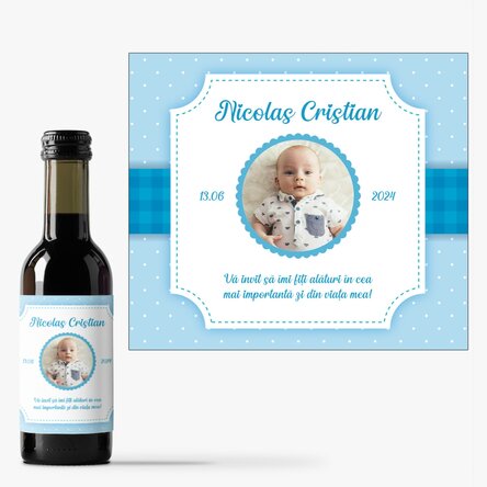 Mini sticluță de vin personalizată cu poză și text - Invitație botez