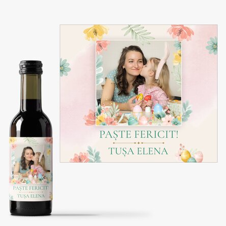 Mini sticluță de vin personalizată o poză și text - Paște fericit