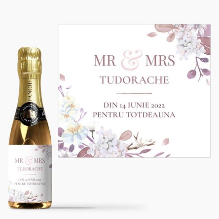 Mini sticluță de vin spumant mărturie personalizată cu text - Mr & Mrs