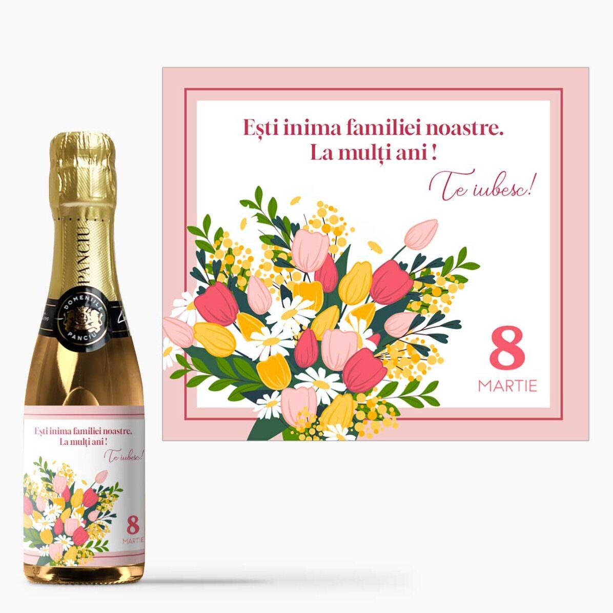 Mini sticluță de vin spumant personalizat cu text - Flori