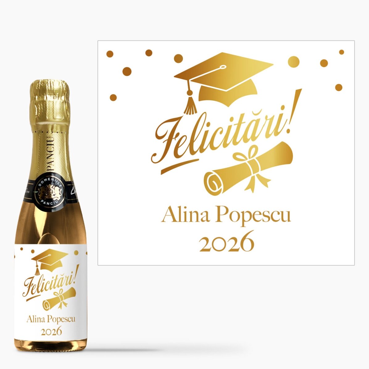 Mini sticluță de vin spumant personalizat cu text pentru absolvire - Gold