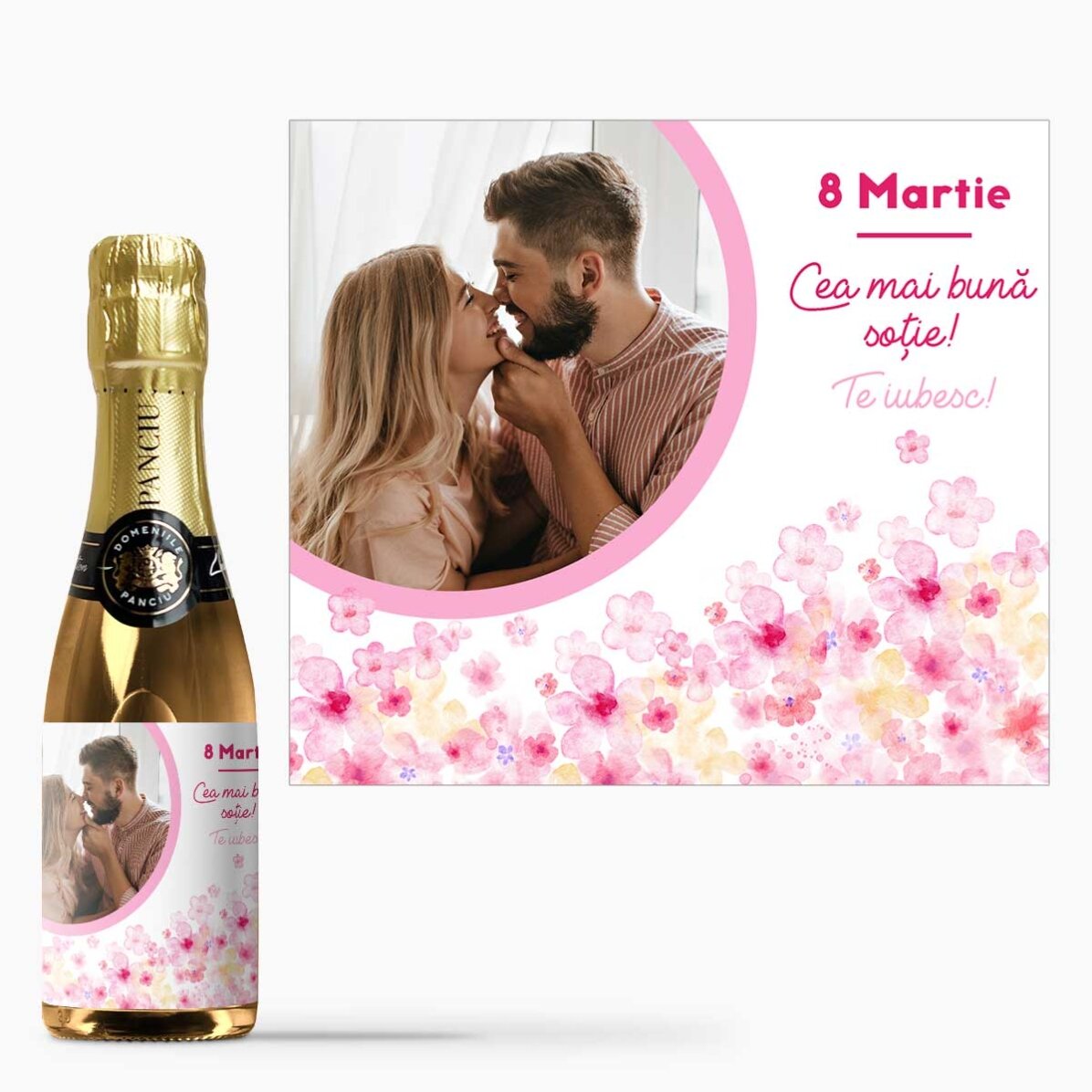 Mini sticluță de vin spumant personalizat cu text și poză - Flori
