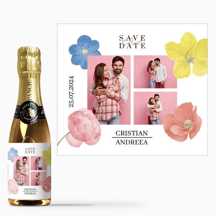 Mini sticluță de vin spumant personalizată cu 3 poze și text - Save the date
