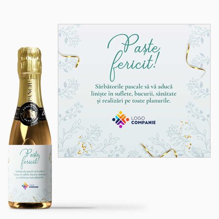 Mini sticluță de vin spumant personalizată cu logo și mesaj - Paște fericit!