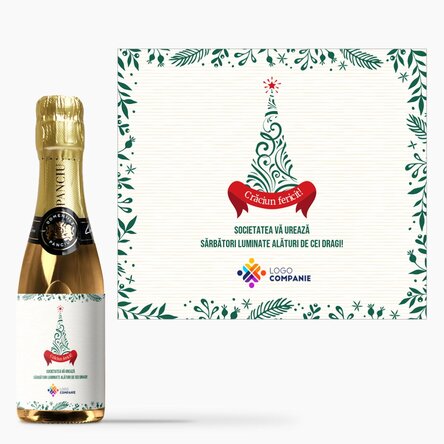 Mini sticluță de vin spumant personalizată cu logo și text - Crăciun fericit