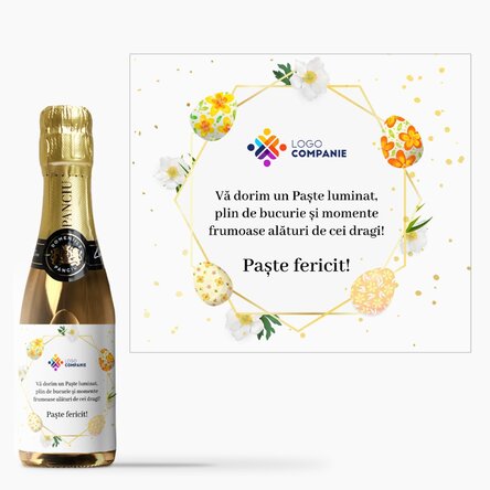 Mini sticluță de vin spumant personalizată cu logo și text - Urare de Paște