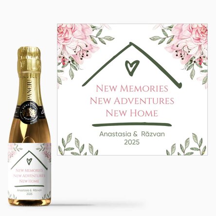 Mini sticluță de vin spumant personalizată cu mesaj - New Home