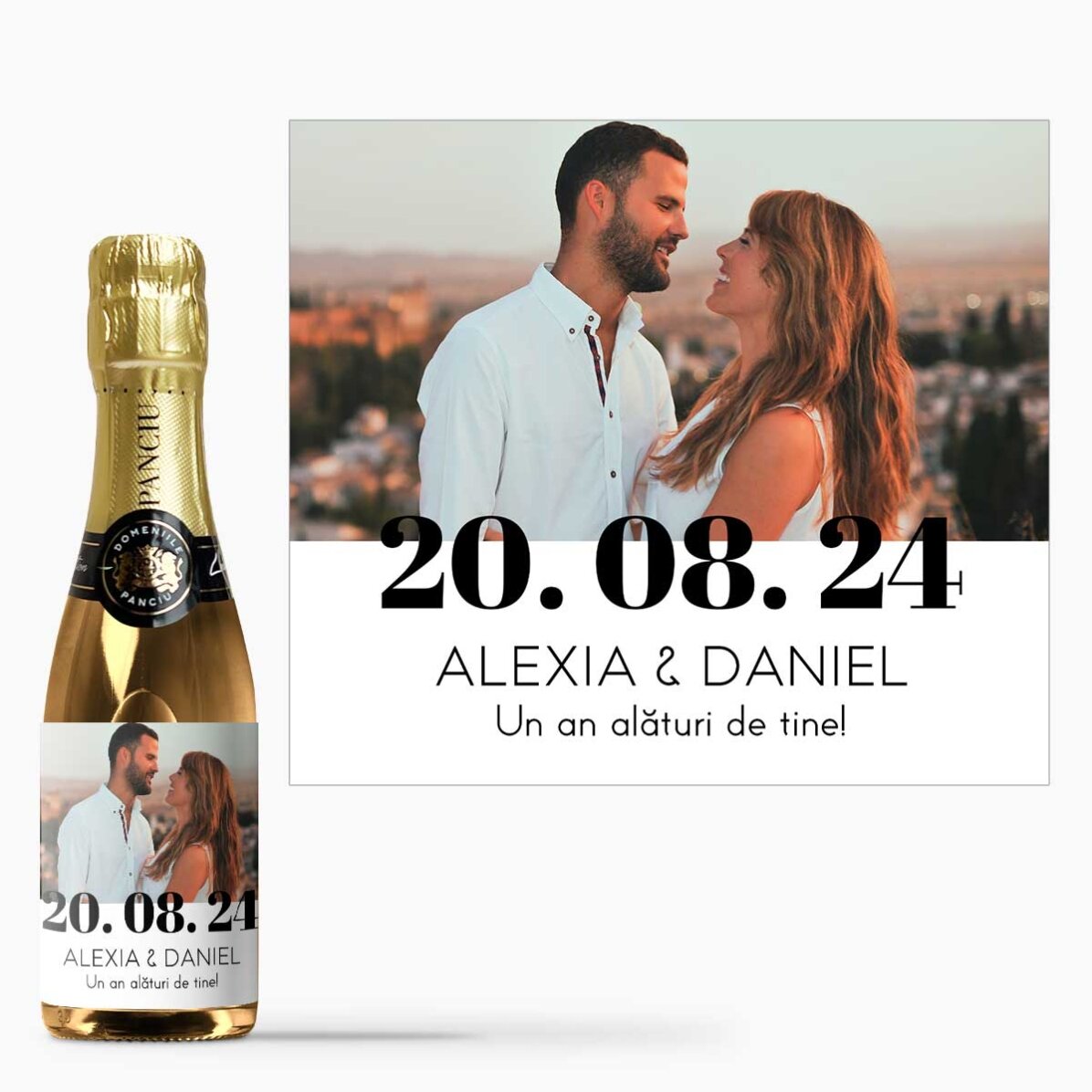 Mini sticluță de vin spumant personalizată cu o poză și text - Aniversare
