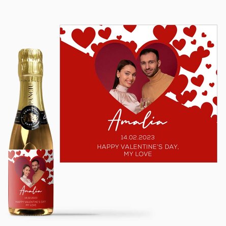 Mini sticluță de vin spumant personalizată cu o poză și text - Te iubesc