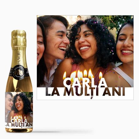 Mini sticluță de vin spumant personalizată cu poză și nume pentru zi de naștere