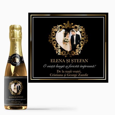Mini sticluță de vin spumant personalizată cu poză și text - Casă de piatră