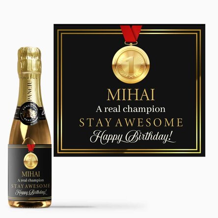 Mini sticluță de vin spumant personalizată cu text - Campion