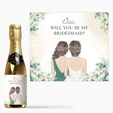 Mini sticluță de vin spumant personalizată cu text - Domnișoară de onoare