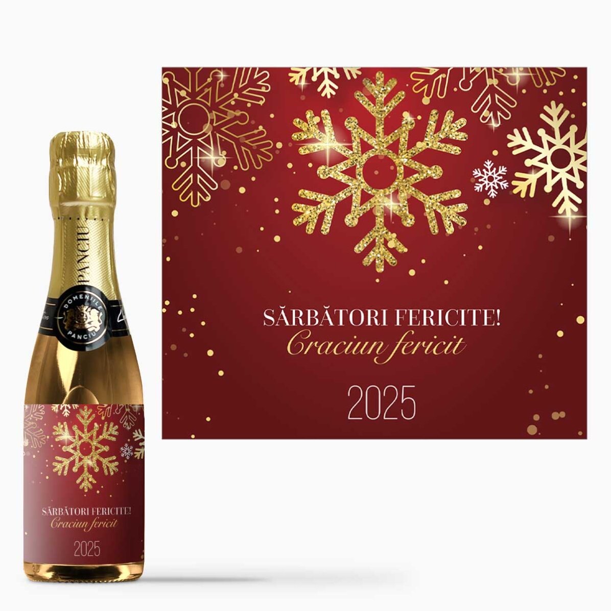 Mini sticluță de vin spumant personalizată cu text - Fulgi de nea
