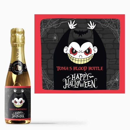 Mini sticluță de vin spumant personalizată cu text - Happy Halloween Dracula