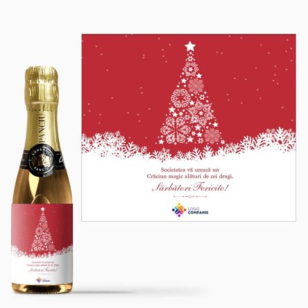 Mini sticluță de vin spumant personalizată cu text și logo - Magia Crăciunului
