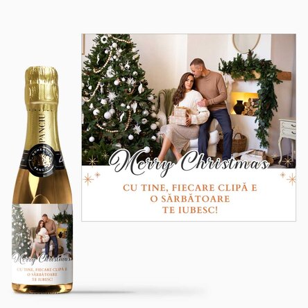 Mini sticluță de vin spumant personalizată cu text și o poză - Merry Christmas
