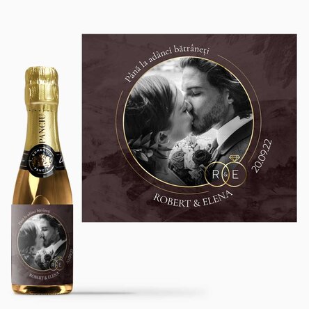 Mini sticluță de vin spumant personalizată cu text și poză pentru căsătorie - Verighete