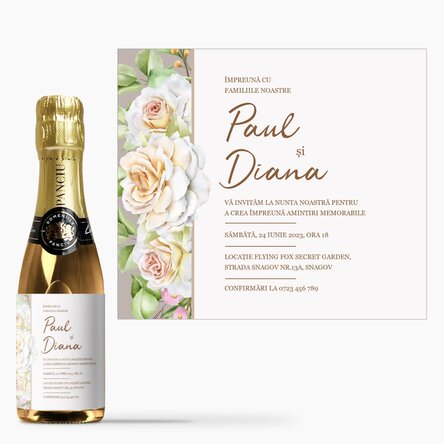 Mini sticluță de vin spumant personalizată cu text - Vă invităm la nunta noastră!