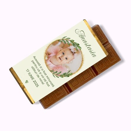 Mini tabletă de ciocolată mărturie personalizată cu poză și mesaj pentru botez
