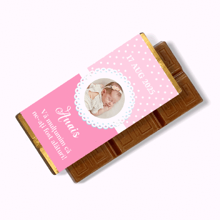 Mini tabletă de ciocolată personalizată cu poză și text - Mărturie de botez