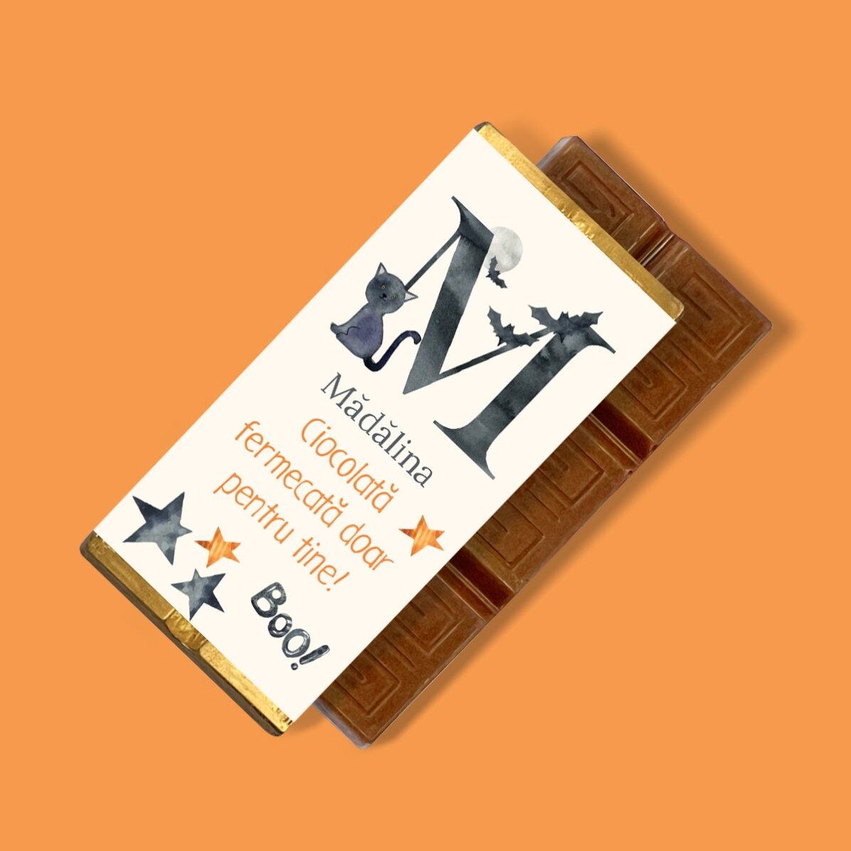 Mini tabletă de ciocolată personalizată cu text și inițială - Halloween
