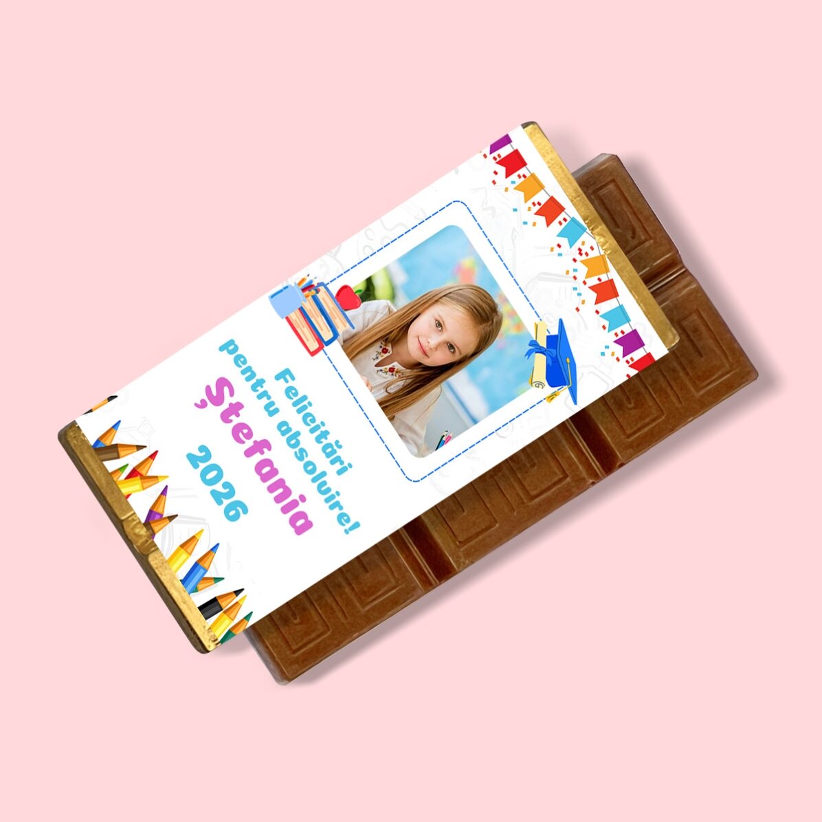 Mini tabletă de ciocolată personalizată pentru copii cu poză și mesaj - Absolvire 