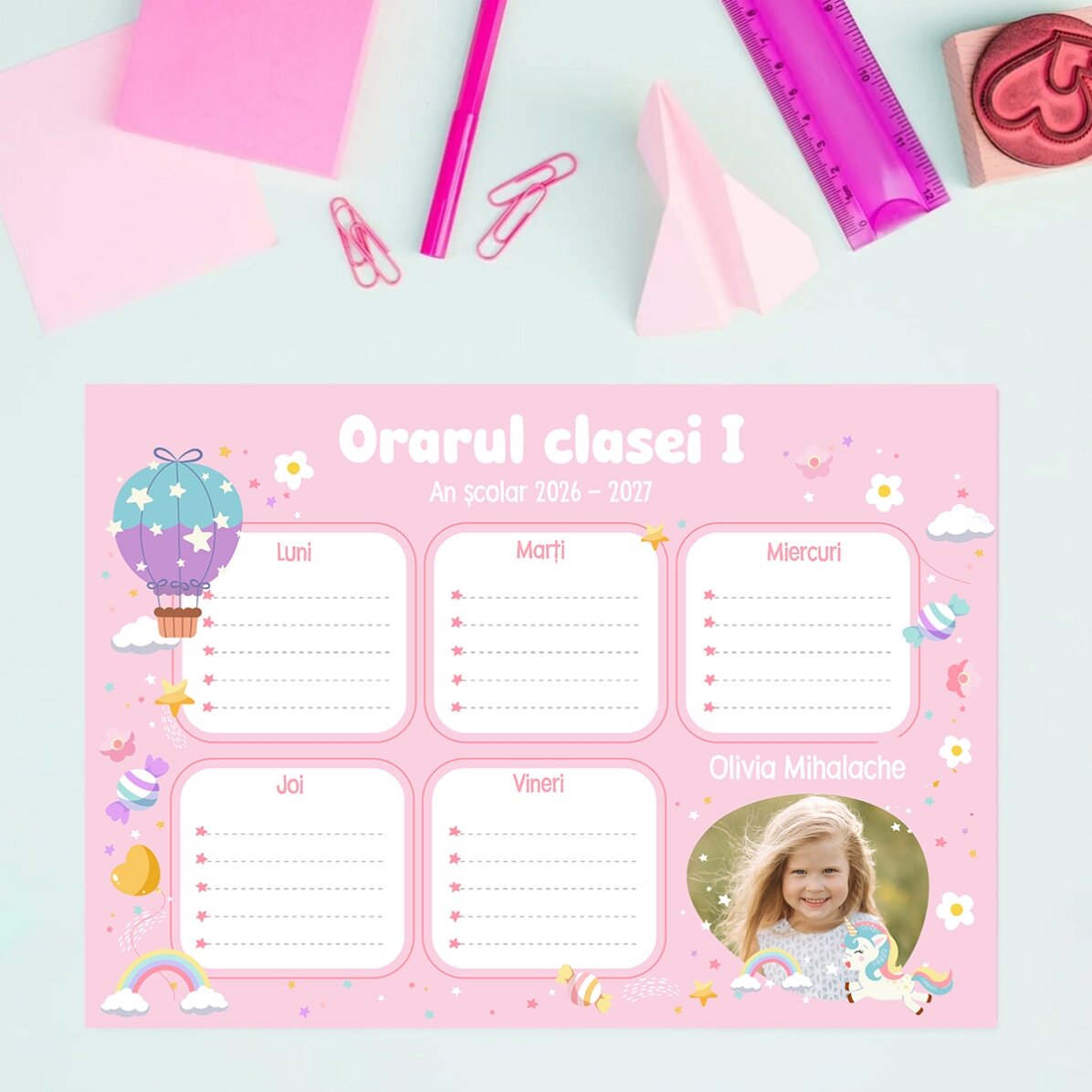 Orar personalizat cu text și poză - Bomboane și unicorni