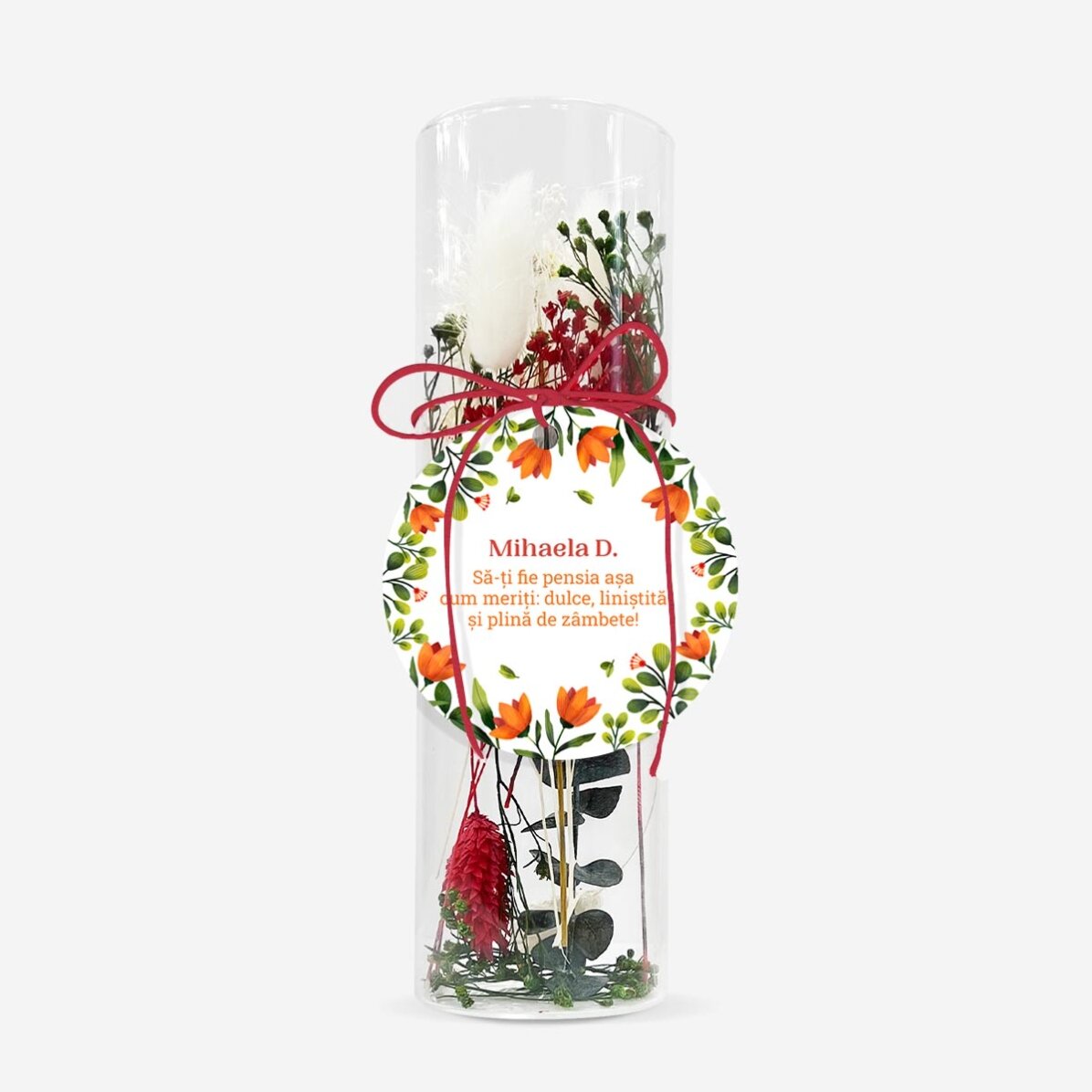 Ornament din sticlă cu flori prezervate personalizat cu mesaj - Pensionare