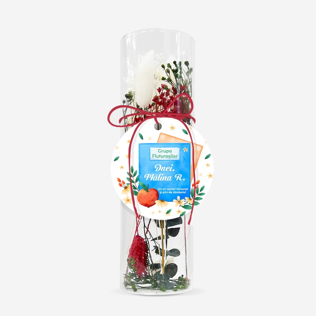 Ornament din sticlă cu flori prezervate personalizat cu mesaj pentru profesoare