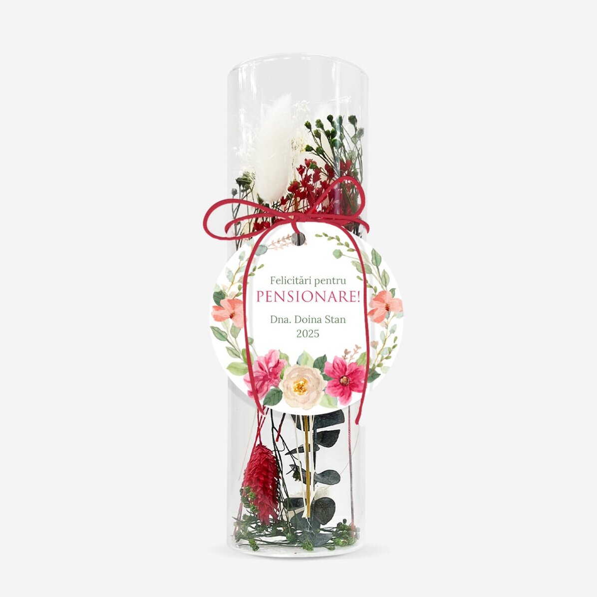 Ornament din sticlă cu flori prezervate personalizat cu text - Pensionare