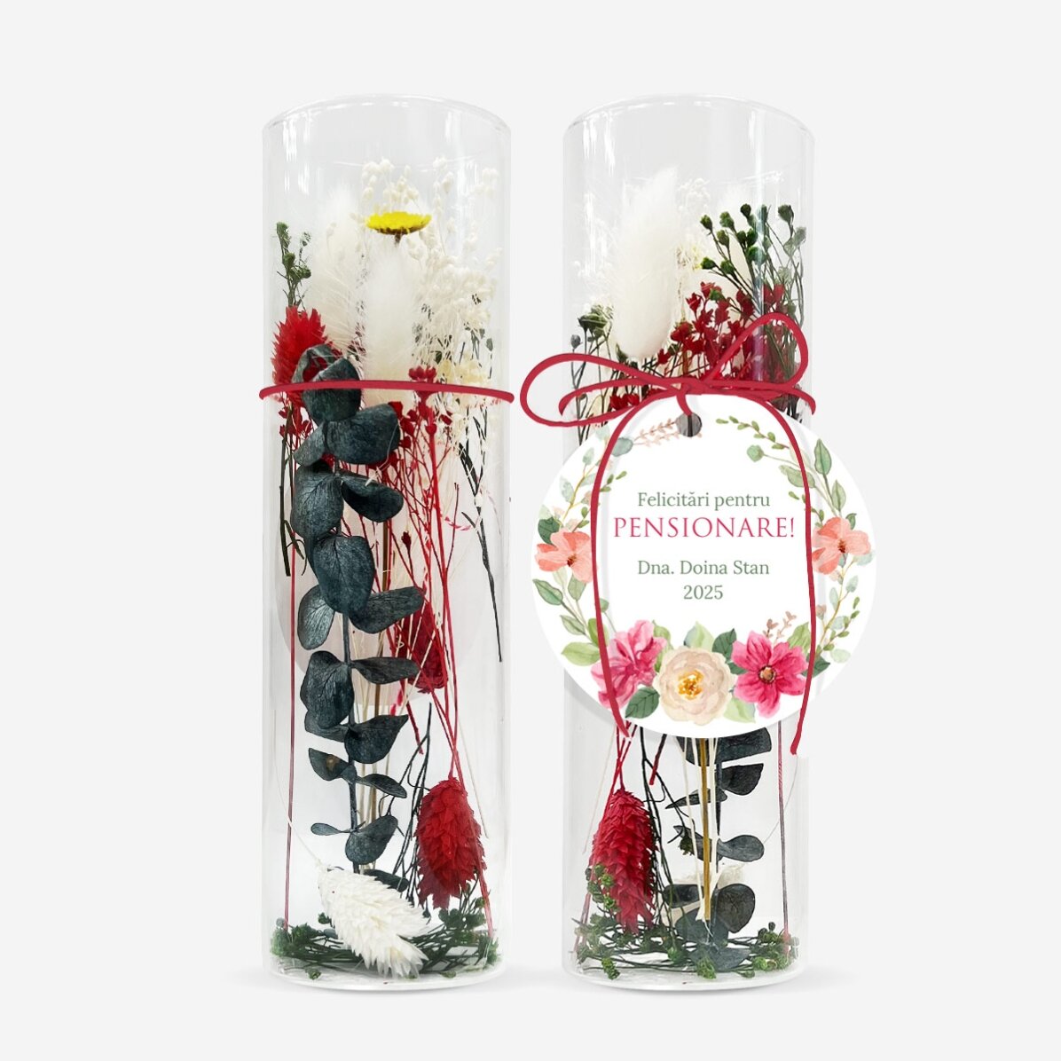 Ornament din sticlă cu flori prezervate personalizat cu text - Pensionare