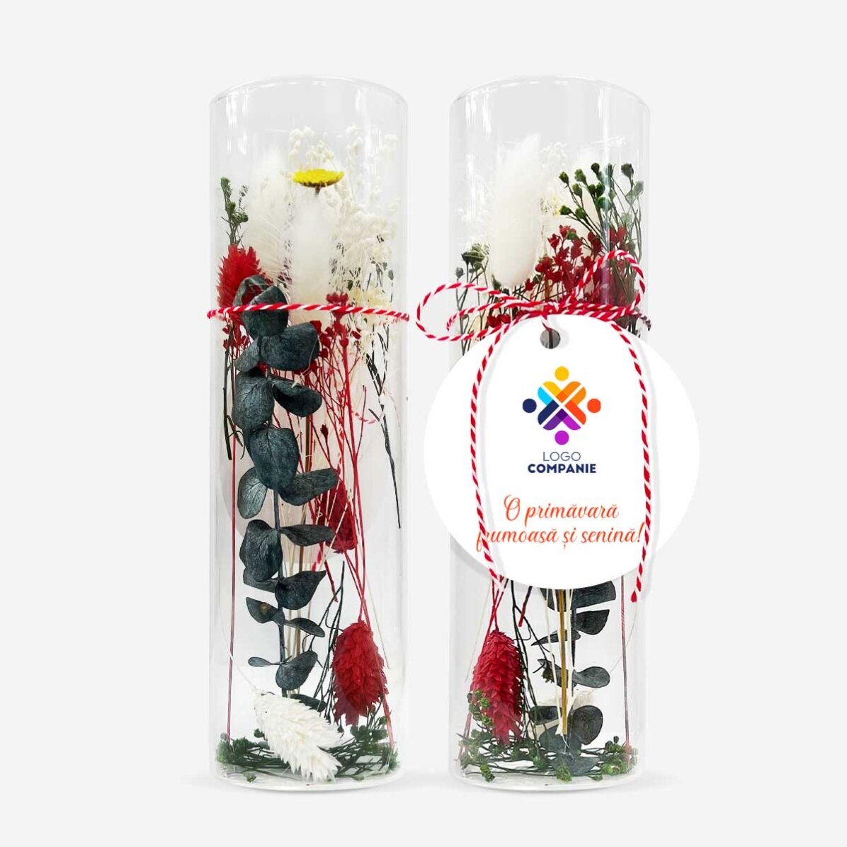 Ornament mărțișor din sticlă cu flori prezervate personalizat cu logo și mesaj