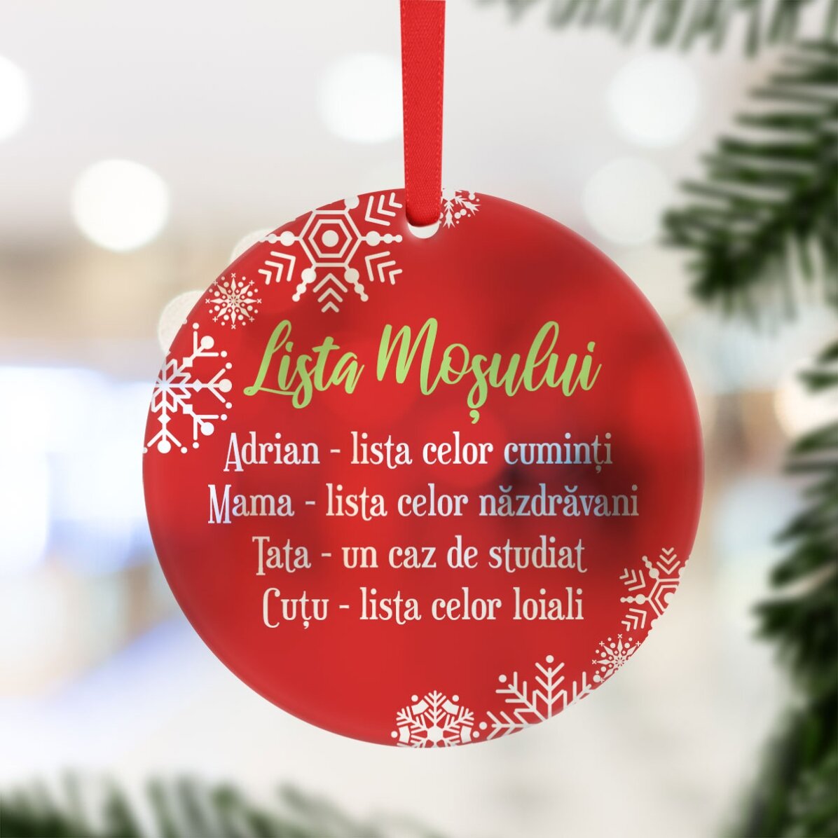 Ornament rotund personalizat cu mesaj - Lista Moșului