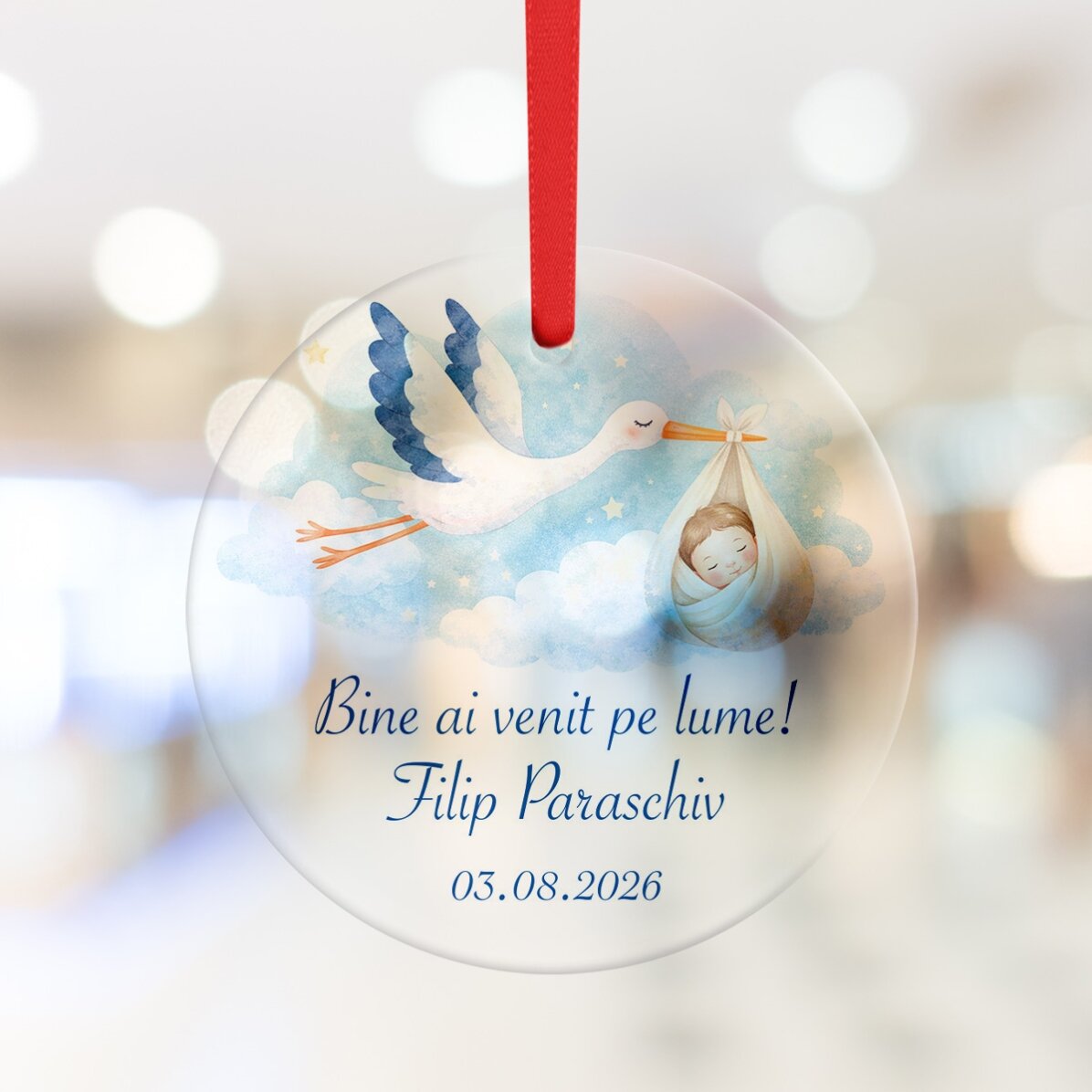 Ornament rotund personalizat cu text - Bine ai venit pe lume
