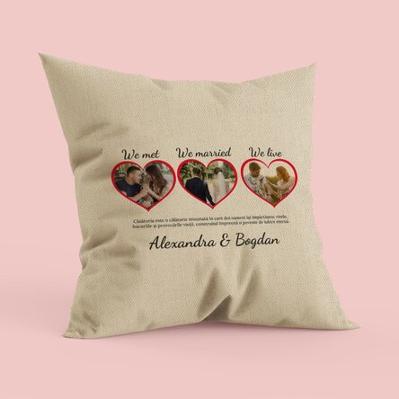 Pernă personalizată cu 3 poze și text - We met, we married, we live In