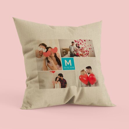 Pernă personalizată cu 4 poze și o inițială - In