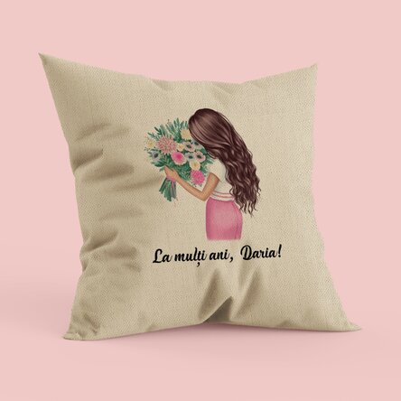 Pernă personalizată cu text - Girl with flowers - In