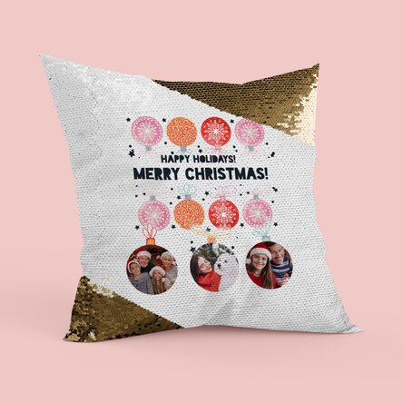 Pernă personalizată cu trei poze și text - Globuri de Crăciun - Paiete aurii